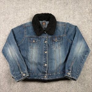 Route 66 Denim Jacket Womens XL Blue Sherpa Collar Faux Fur Trucker Coat Y2K 90s